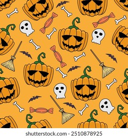 Seamless pattern hallowen pumpkind, skull, broom, bone in orange background