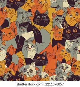 Seamless pattern with hallucinating cartoon cats and kittens. Diverse domestic cats wallpaper. Vector. Design for scrapbooking, decoration, cards, paper goods, background, wrapping, fabric