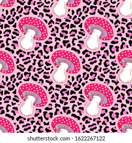 Seamless pattern with hallucinogenic magic mushrooms on crazy leopard background. Fun acid trip vector wallpaper.