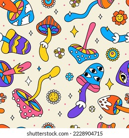 Seamless pattern with hallucinogenic mushrooms. Drawings in the style of doodle hippies. Retro for fabric, paper