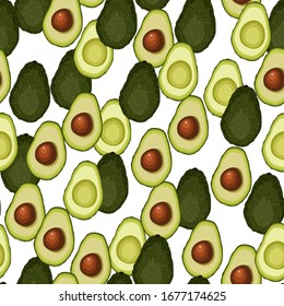Seamless pattern of halved avocado fruit with bone isolated on white background. Vector illustration Ideal for the design of fabrics, packaging materials, organic farm products