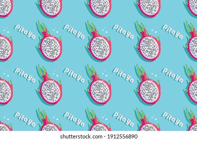 seamless pattern, with halved pitaya, red dragon fruit, exotic plant, bright, summer background, stylized vector graphics