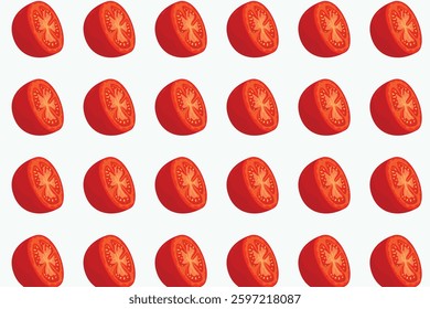 Seamless pattern of halved tomatoes on a white background. Ideal for food packaging, textiles, and healthy eating designs.