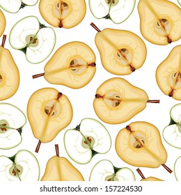 Seamless pattern of the halves of apples and pears on a white background