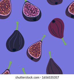 seamless pattern with halves of figs of different varieties on a lilac background. Modern abstract design for paper, cover, fabric, interior decor