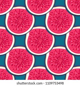 Seamless pattern with halves figs. Healthy dessert. Fruity repeating background. Hand drawn fruits. Exotic food. Wrapping, print on clothes, wallpaper, summer banner. Vector illustration, eps10