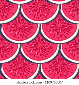 Seamless pattern with halves figs. Healthy dessert. Fruity repeating background. Hand drawn fruits. Exotic food. Wrapping, print on clothes, wallpaper, summer banner. Vector illustration, eps10