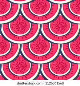 Seamless pattern with halves figs. Healthy dessert. Fruity repeating background. Hand drawn fruits. Exotic food. Wrapping, print on clothes, wallpaper, summer banner. Vector illustration, eps10