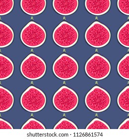 Seamless pattern with halves figs. Healthy dessert. Fruity repeating background. Hand drawn fruits. Exotic food. Wrapping, print on clothes, wallpaper, summer banner. Vector illustration, eps10