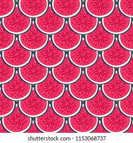 Seamless pattern with halves figs. Healthy dessert. Fruity repeating background. Hand drawn fruits. Exotic food. Wrapping, print on clothes, wallpaper, summer banner. Vector illustration, eps10