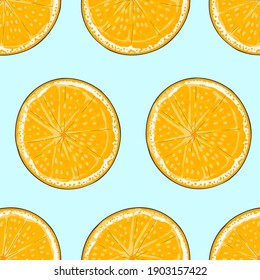 Nahtloses Muster von Hälften eines frischen, saftigen orangen, geschält oder einer geschnittenen, runde orangefarbene Scheiben auf blauem Hintergrund. Handgezeichnetes Flachbild. Endloser Vektorhintergrund. Orangefarbene Scheiben sind in geraden Reihen angeordnet.