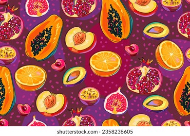 Seamless pattern with halves of fruit on a burgundy background. Papaya, orange fruit, cherry, plum, peach, pomegranate, fig, passion fruit. Bright print. Cartoon. Vector.