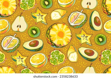 Seamless pattern with halves of fruit on an ocher background. Pineapple, carambola, durian, kiwi, avocado, banana, pear, kiwano, lemon. Bright summer print. Cartoon. Vector.