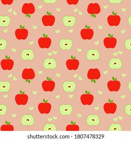 Seamless pattern: halves of green and red apples on a beige background. flat vector. 