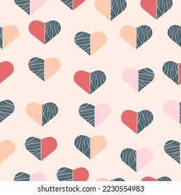 Seamless pattern with halves of hearts red, blue, beige, pink colors on a beige background	