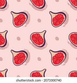 Seamless pattern with halves of juicy figs on a pink background. Brush stroke elements, grunge texture. Vector illustration.