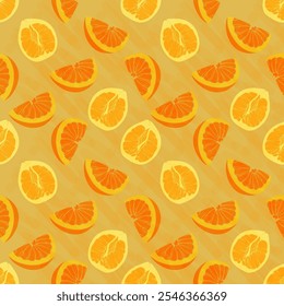 Seamless pattern of halves and quarters of oranges, on a light orange background. This illustration is useful for designing textiles, wallpaper, packaging or other decorative elements.