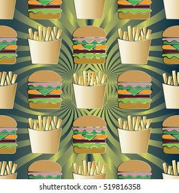 Seamless pattern with hamburger cook and french fries. Restaurant menu background. Vector design for cafe, bistro, restaurant. Modern endless texture.Fastfood.Hamburger and fries. Food pattern.