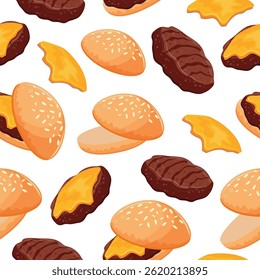 padrão perfeito com ícone de hambúrguer com pão de trigo e carne de vaca e pedaço derretido de queijo cheddar, para o Dia Mundial do Burger