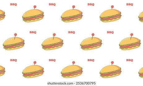 Patrón sin fisuras con hamburguesa e inscripción BBQ.