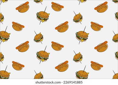 Seamless pattern of a hamburger on a skewer and a hot dog. American fast food. Happy hamburger day