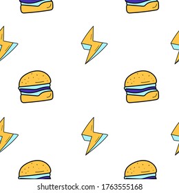 Seamless pattern of hamburgers. Fast street food. Tasty hot dogs. Suitable for decoration of fast food restaurants.