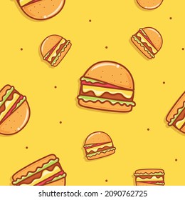 Seamless pattern hamburgers on yellow pastel background. Vector illustration.