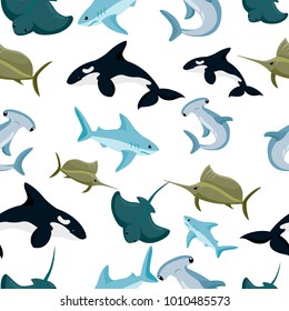 Seamless pattern of hammerhead and blue shark sphyrna manta orca vector illustration on white background website page and mobile app design.