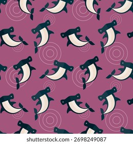 Patrón inconsútil de peces de tiburón de tiburón animal agua de mar sobre fondo púrpura Fondo de pantalla de Vector textil giftwrap tela
