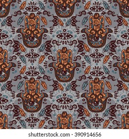 Seamless pattern with hamsa symbols, tribal magical ornament, vector illustration