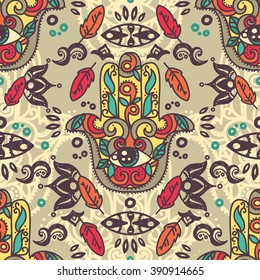 Seamless pattern with hamsa symbols, tribal magical ornament, vector illustration