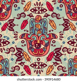 Seamless pattern with hamsa symbols, tribal magical ornament, vector illustration