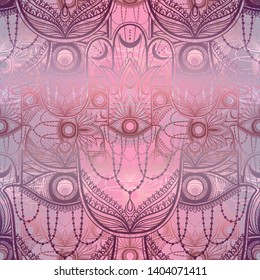 Seamless pattern hamsa talisman religion Asian. Symbol of protection and talisman against the evil eye.Tattoo motif.