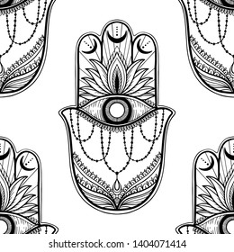 Seamless pattern hamsa talisman religion Asian. Black color graphic in white background. Symbol of protection and talisman against the evil eye.Tattoo motif.