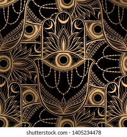 Seamless pattern hamsa talisman religion Asian. Gold color graphic in white background. Symbol of protection and talisman against the evil eye.Tattoo motif.