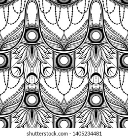 Seamless pattern hamsa talisman religion Asian. Black color graphic in white background. Symbol of protection and talisman against the evil eye.Tattoo motif.