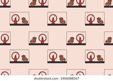 Seamless pattern with hamster sitting near a hamster wheel in a glass cage doodle vector