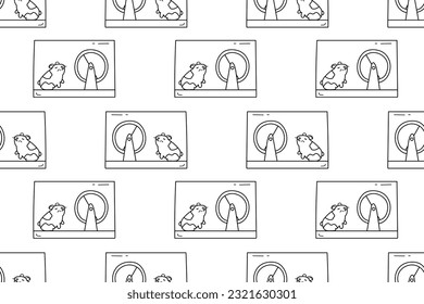 Seamless pattern with hamster and hamster wheel in a glass cage hand drawn doodle outline vector