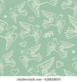 Seamless pattern with han -drawn flying birds and hearts. Eps-8
