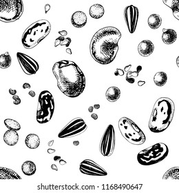 Seamless pattern with han drawn seeds and beans. Vector illustration in retro style