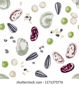 Seamless pattern with han drawn seeds and beans. Vector illustration in retro style