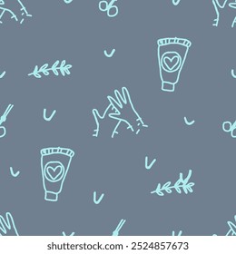 Seamless pattern with hand cream, hands and leaves. Doodle vector illustration. Childish naive art style