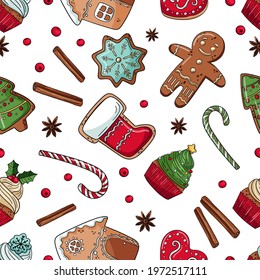 Seamless pattern with hand cute and icing. Gingerbread house, cinnamon, sock. Hand-drawn symbols stand out against a white background. Vector illustration