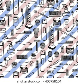 Seamless pattern of hand dawn barbershop equipment. Hand drawn lettering ink. White on blue background
