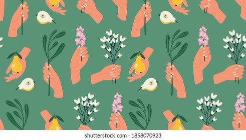 Seamless pattern of a hand in different poses with fruit herbs and flowers on a green background. The illustration is suitable for a local farm, gardening, healthy life.