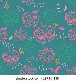 Seamless pattern hand draw abstract apple on blue background. Vector design editable illustration.
