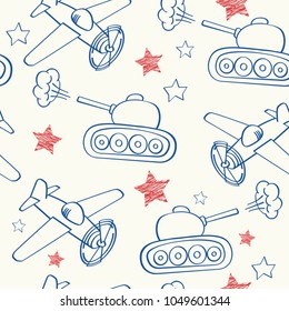 Seamless pattern with hand draw aircraft, panzer and stars. Vector illustration