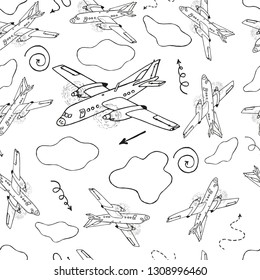 Seamless pattern with hand draw airplane, arrows, clouds on white. Use for wrapping, packaging, background, wallpaper, textile, factory. Coloring.