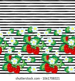 Seamless pattern with hand draw cartoon strawberry and strips. Vector illustration.