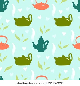 Seamless pattern of hand draw colorful teapots, vapor. Abstract leaves, heart. On blue background. Print for clothes,bag, backdrop, cover, fabric textile, wallpaper, wrapping. Vector cooking concept